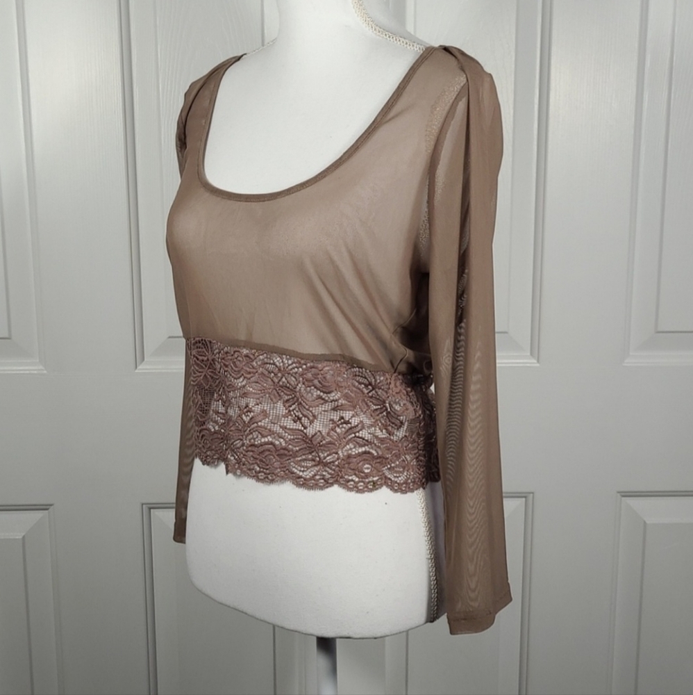 NWT A'reve Lace & Mesh Sheer Stretchy Crop Top in Brown Size Large - Picture 8 of 14